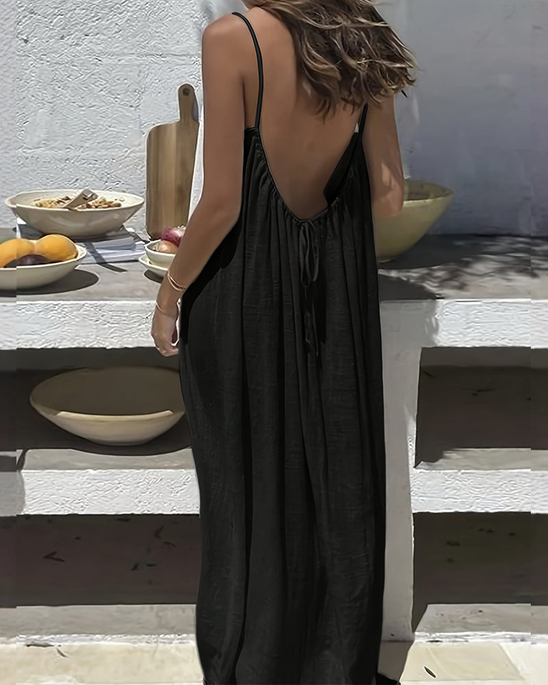 💃SIDSTE DAGSSALG 50% RABAT!!✨Dame ensfarvet cami loungekjole, elegant ærmeløs lang kjole til sommer, damenattøj til indendørs brug💕