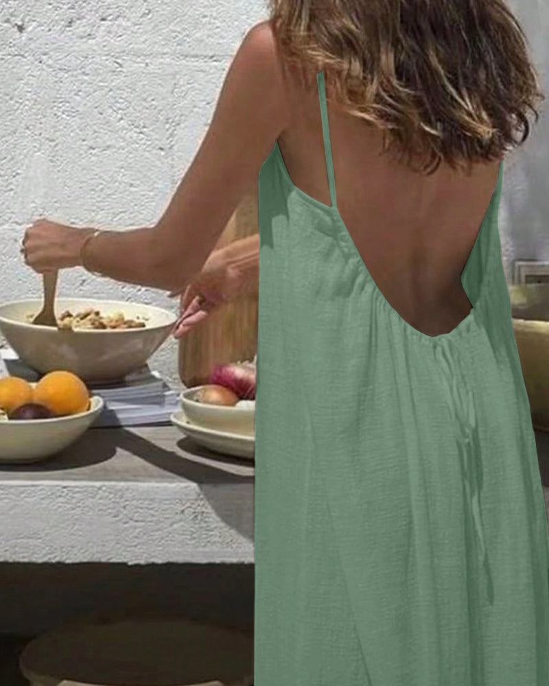 💃SIDSTE DAGSSALG 50% RABAT!!✨Dame ensfarvet cami loungekjole, elegant ærmeløs lang kjole til sommer, damenattøj til indendørs brug💕