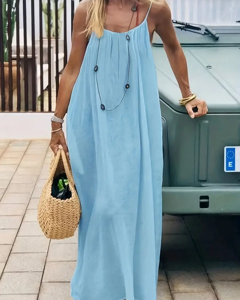 💃SIDSTE DAGSSALG 50% RABAT!!✨Dame ensfarvet cami loungekjole, elegant ærmeløs lang kjole til sommer, damenattøj til indendørs brug💕