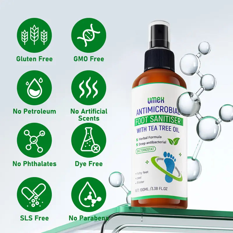 UMEX Tea Tree Foot Spray Dræber Svamp &amp; Lugt Hurtigt 97 % Stink Elimination Reparation Revnede hæle 100ml Hurtigtørrende formel Klinisk testet Naturlig Antiseptisk - Fugtgivende Intensiv Fodpleje Fodplejeværktøj