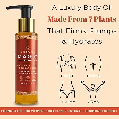 Besque Original Magic Body Oil, 3,4 FL OZ, huile corporelle après douche pour femme, soin hydratant pour tout le corps qui repulpe, raffermit,  &amp;  raffermit la peau avec des ingrédients naturels, cadeaux de spa de luxe - paquet de 1
