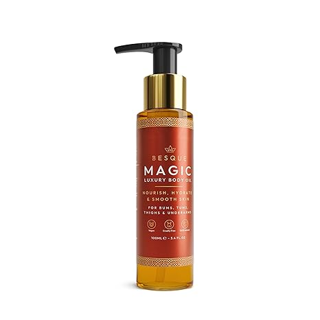Besque Original Magic Body Oil, 3,4 FL OZ, huile corporelle après douche pour femme, soin hydratant pour tout le corps qui repulpe, raffermit,  &amp;  raffermit la peau avec des ingrédients naturels, cadeaux de spa de luxe - paquet de 1