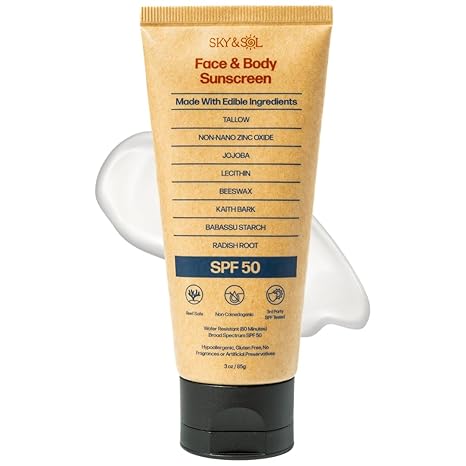 Sky and Sol Mineral Sunscreen SPF 50 | With Grass-Fed Tallow &amp; Zinc Oxide | Non-Greasy Formula for Face &amp; Body | Made Without Reef-Harming UV Filters | 3 oz (85 g)