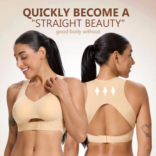 【Postural correction】Women’s Beige Wireless Bra, Soft Breathable Non-removable Moulded Cups, Yoga Fitness Sportswear for Gym &amp; Daily Training