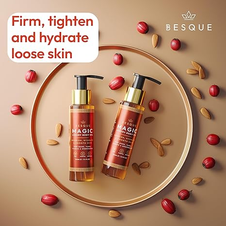 Besque Original Magic Body Oil, 3,4 FL OZ, huile corporelle après douche pour femme, soin hydratant pour tout le corps qui repulpe, raffermit,  &amp;  raffermit la peau avec des ingrédients naturels, cadeaux de spa de luxe - paquet de 1
