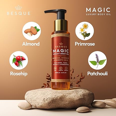 Besque Original Magic Body Oil, 3,4 FL OZ, huile corporelle après douche pour femme, soin hydratant pour tout le corps qui repulpe, raffermit,  &amp;  raffermit la peau avec des ingrédients naturels, cadeaux de spa de luxe - paquet de 1