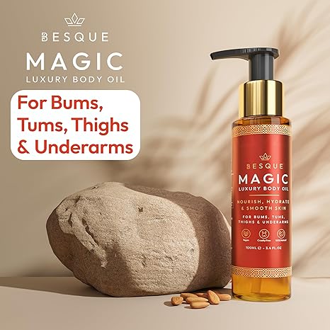 Besque Original Magic Body Oil, 3,4 FL OZ, huile corporelle après douche pour femme, soin hydratant pour tout le corps qui repulpe, raffermit,  &amp;  raffermit la peau avec des ingrédients naturels, cadeaux de spa de luxe - paquet de 1