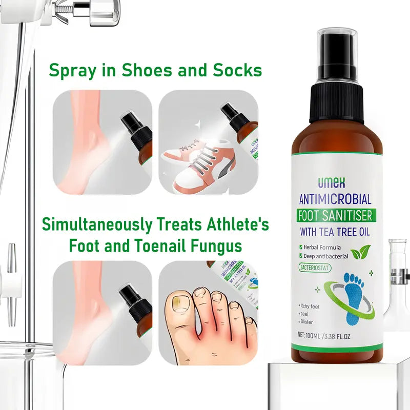 UMEX Tea Tree Foot Spray Dræber Svamp &amp; Lugt Hurtigt 97 % Stink Elimination Reparation Revnede hæle 100ml Hurtigtørrende formel Klinisk testet Naturlig Antiseptisk - Fugtgivende Intensiv Fodpleje Fodplejeværktøj