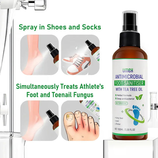 UMEX Tea Tree Foot Spray Dræber Svamp &amp; Lugt Hurtigt 97 % Stink Elimination Reparation Revnede hæle 100ml Hurtigtørrende formel Klinisk testet Naturlig Antiseptisk - Fugtgivende Intensiv Fodpleje Fodplejeværktøj