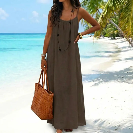 💃SIDSTE DAGSSALG 50% RABAT!!✨Dame ensfarvet cami loungekjole, elegant ærmeløs lang kjole til sommer, damenattøj til indendørs brug💕