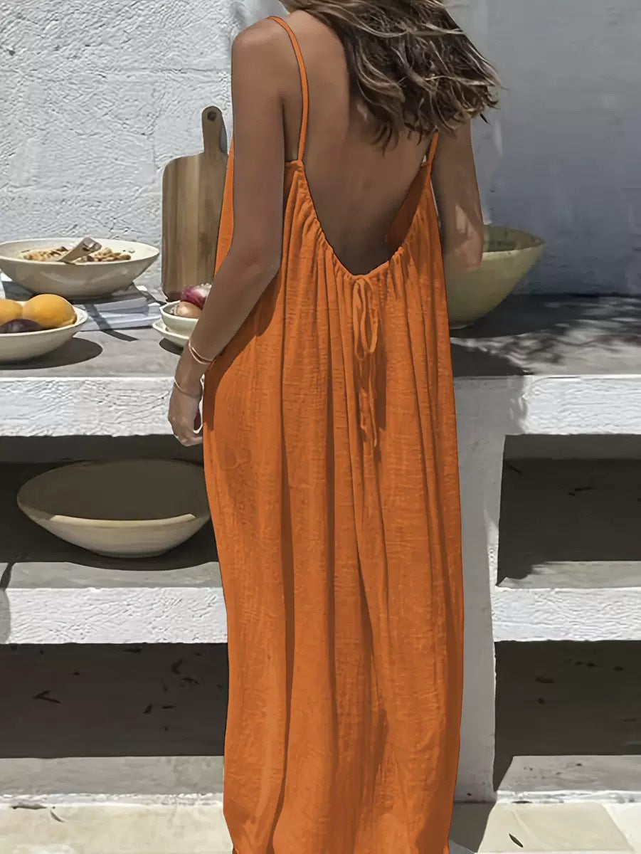 💃SIDSTE DAGSSALG 50% RABAT!!✨Dame ensfarvet cami loungekjole, elegant ærmeløs lang kjole til sommer, damenattøj til indendørs brug💕