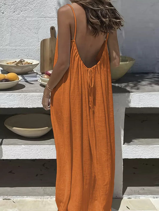 💃SIDSTE DAGSSALG 50% RABAT!!✨Dame ensfarvet cami loungekjole, elegant ærmeløs lang kjole til sommer, damenattøj til indendørs brug💕
