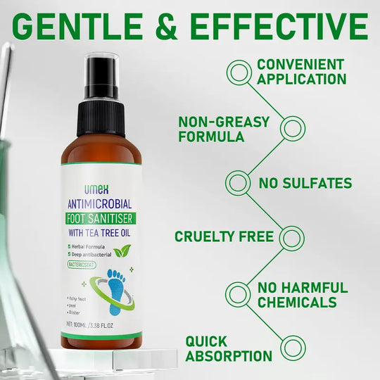 UMEX Tea Tree Foot Spray Dræber Svamp &amp; Lugt Hurtigt 97 % Stink Elimination Reparation Revnede hæle 100ml Hurtigtørrende formel Klinisk testet Naturlig Antiseptisk - Fugtgivende Intensiv Fodpleje Fodplejeværktøj