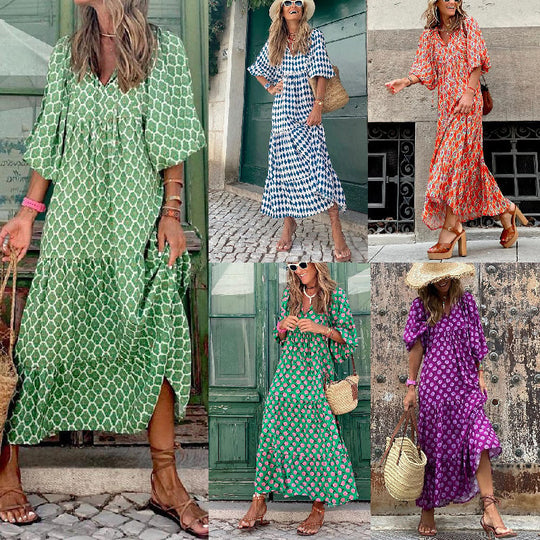🌸🌸Velké snížení ceny🌸Dámské elegantní květinové maxi šaty s nabíranými rukávy a boho vzorem