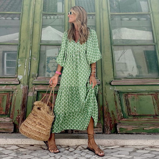 🌸🌸Velké snížení ceny🌸Dámské elegantní květinové maxi šaty s nabíranými rukávy a boho vzorem