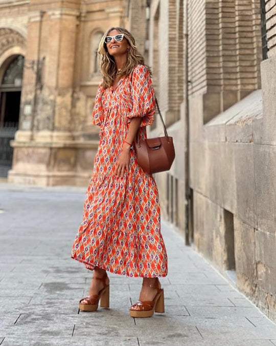 🌸🌸Velké snížení ceny🌸Dámské elegantní květinové maxi šaty s nabíranými rukávy a boho vzorem