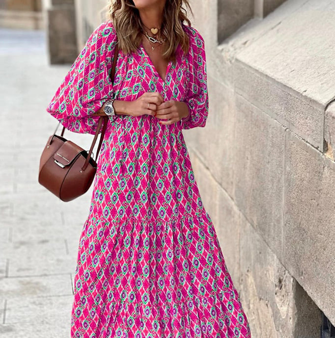 🌸🌸Velké snížení ceny🌸Dámské elegantní květinové maxi šaty s nabíranými rukávy a boho vzorem