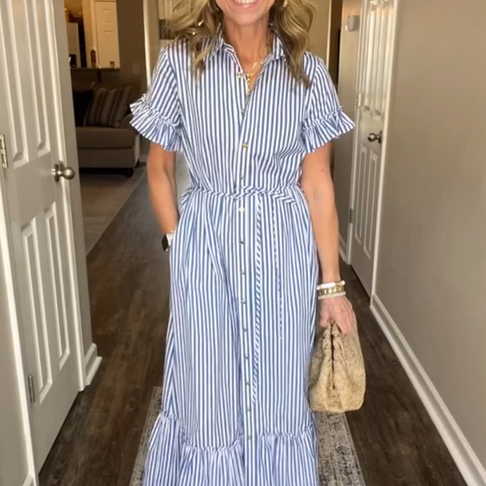 🌞Summer Sale👗Cool Breathable Blue &amp; White Striped Ruffled Tie Dress