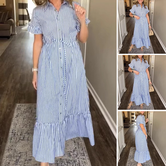 🌞Summer Sale👗Cool Breathable Blue &amp; White Striped Ruffled Tie Dress