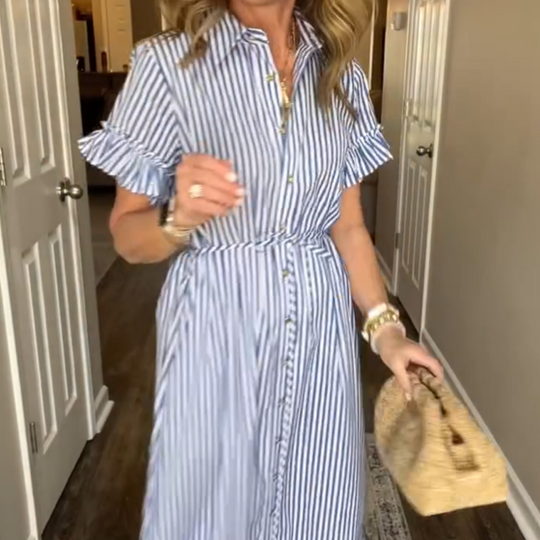 🌞Summer Sale👗Cool Breathable Blue &amp; White Striped Ruffled Tie Dress
