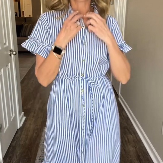 🌞Summer Sale👗Cool Breathable Blue &amp; White Striped Ruffled Tie Dress