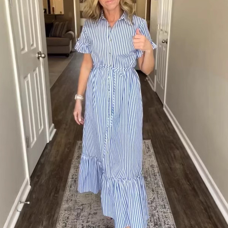 🌞Summer Sale👗Cool Breathable Blue &amp; White Striped Ruffled Tie Dress
