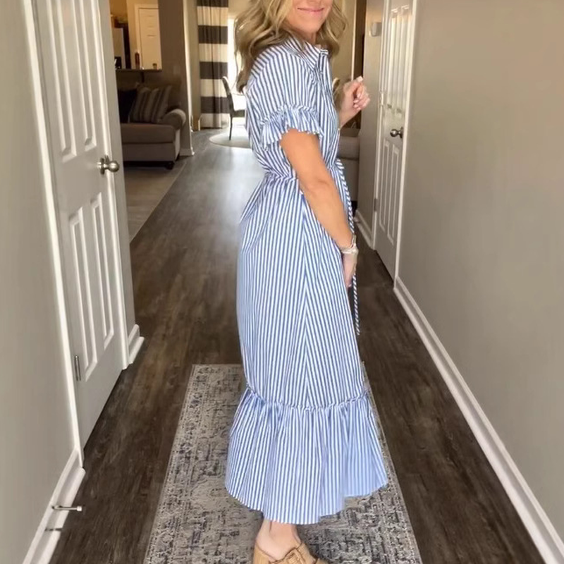 🌞Summer Sale👗Cool Breathable Blue &amp; White Striped Ruffled Tie Dress