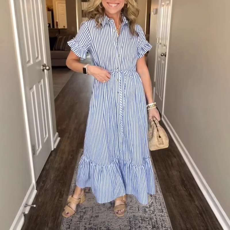 🌞Summer Sale👗Cool Breathable Blue &amp; White Striped Ruffled Tie Dress