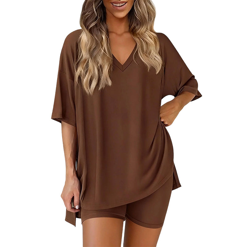 PRETTYGARDEN Crewneck Two-Piece Set For Women Summer Casual Oversized Split Hem Shirts &amp; Side Pocket Biker Shorts Minimalist Lounge Wear Soft Viscose Fabric Comfy Homewear Cozy Pjs