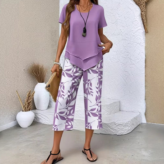 🥳Specialpris sidste dag👗Damesæt med 2 dele – Asymmetrisk tunika-top i lag &amp;  Printede bukser med vide ben, åndbar polyester✨
