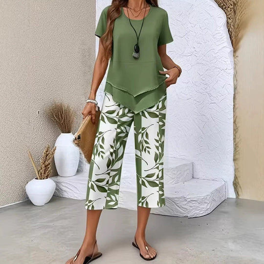 🥳Specialpris sidste dag👗Damesæt med 2 dele – Asymmetrisk tunika-top i lag &amp;  Printede bukser med vide ben, åndbar polyester✨