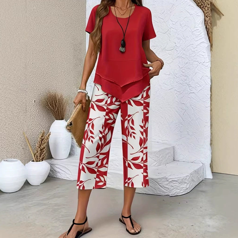 🥳Specialpris sidste dag👗Damesæt med 2 dele – Asymmetrisk tunika-top i lag &amp;  Printede bukser med vide ben, åndbar polyester✨