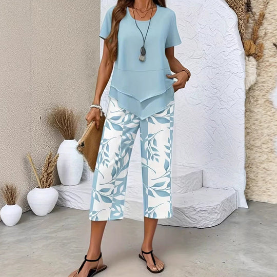 🥳Specialpris sidste dag👗Damesæt med 2 dele – Asymmetrisk tunika-top i lag &amp;  Printede bukser med vide ben, åndbar polyester✨