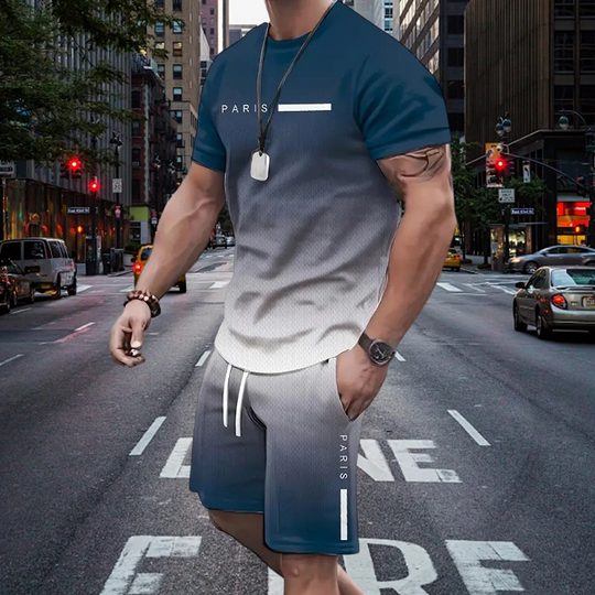 🌈 ČASOVĚ OMEZENÁ SLEVA 50 %! 👕 Pánská dvoudílná sada s gradientními barvami – tričko &amp;  Kraťasy, Prodyšné, Volný střih 🩳