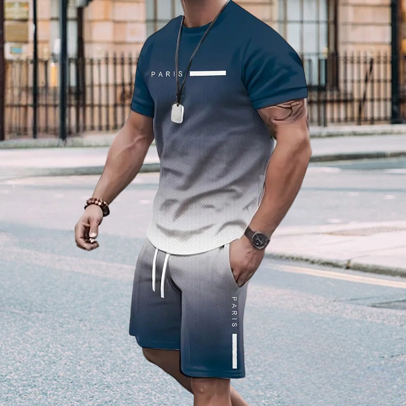 🌈 50% ОТСТЪПКА ЗА ОГРАНИЧЕНО ВРЕМЕ! 👕 Мъжки комплект от 2 части с градиентен цвят – тениска &  Къси панталони, Дишащи, Свободна кройка 🩳