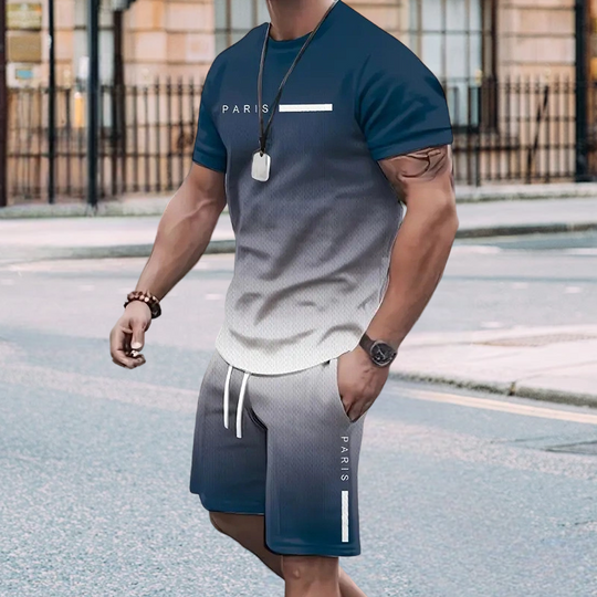 🌈 ČASOVĚ OMEZENÁ SLEVA 50 %! 👕 Pánská dvoudílná sada s gradientními barvami – tričko &amp;  Kraťasy, Prodyšné, Volný střih 🩳