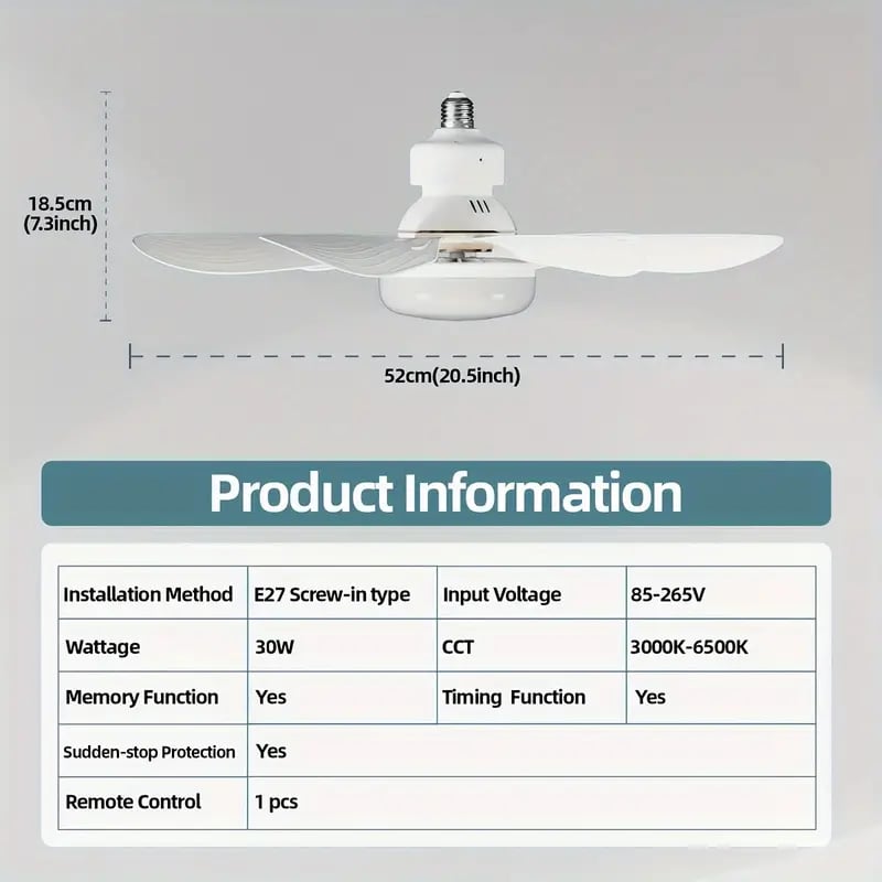 40W LED Ceiling Fan Light 20.5in with Remote Control - E27 &amp; B22 Adapter | Quiet Fan Light for Bedroom, Kitchen, Garage