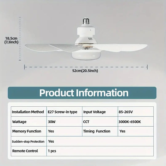 40W LED Ceiling Fan Light 20.5in with Remote Control - E27 &amp; B22 Adapter | Quiet Fan Light for Bedroom, Kitchen, Garage