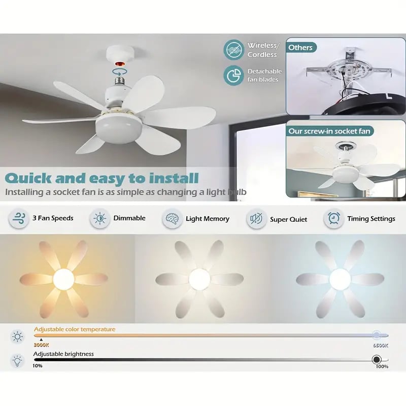 40W LED Ceiling Fan Light 20.5in with Remote Control - E27 &amp; B22 Adapter | Quiet Fan Light for Bedroom, Kitchen, Garage
