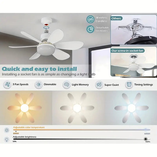 40W LED Ceiling Fan Light 20.5in with Remote Control - E27 &amp; B22 Adapter | Quiet Fan Light for Bedroom, Kitchen, Garage